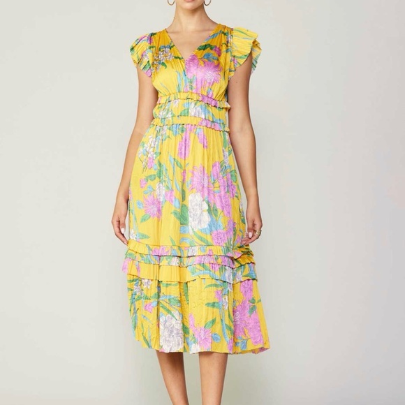 Current Air Yellow Floral Midi Dress with Pink & Green Accents - Picture 2 of 10